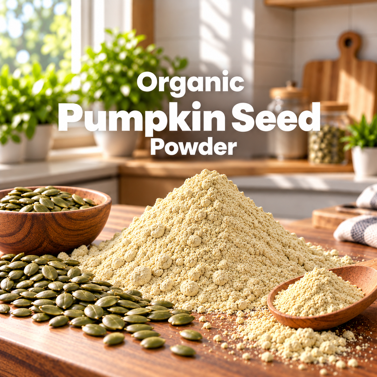 Organic Pumpkin Seed Powder text overlay above pale beige pumpkin seed powder, pumpkin seeds, and a wooden scoop on a kitchen counter