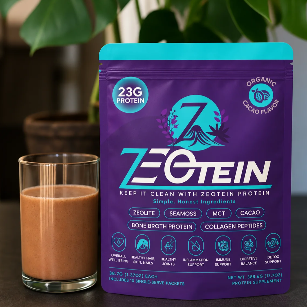 Zeotein cacao protein powder with a glass of prepared protein drink