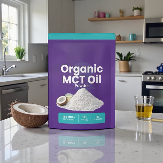 A purple Zeotein Organic MCT Oil Powder bag on a kitchen counter beside a halved coconut and a small glass of oil