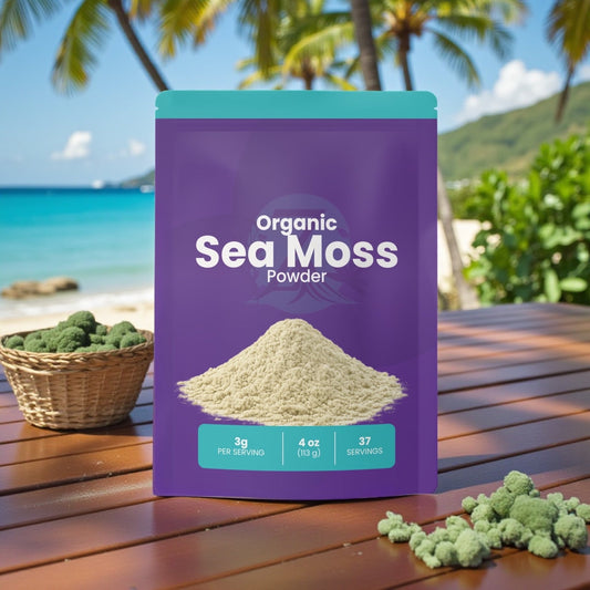 A purple Zeotein Organic Sea Moss Powder bag on a wooden table by the ocean, with a basket of dried sea moss beside it
