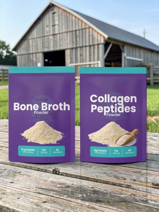Zeotein Bone Broth Powder and Collagen Peptides Powder bags standing side by side on a wooden surface in front of a barn