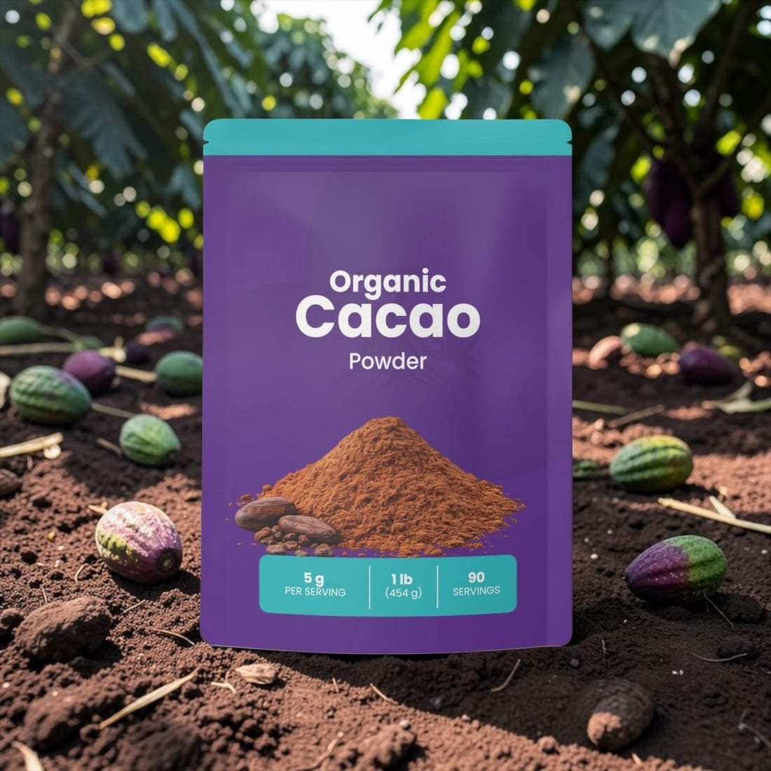 A purple Zeotein Organic Cacao Powder bag standing in a cacao grove with cacao pods on the ground around it