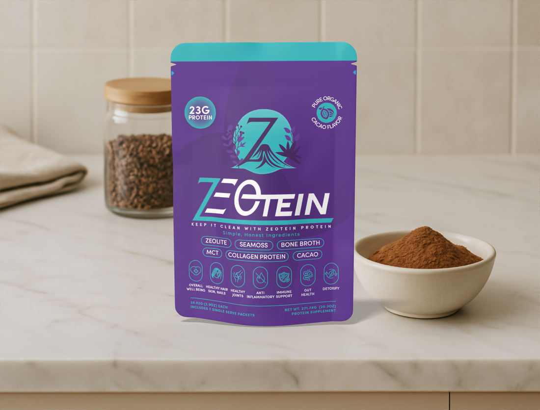 A Zeotein Cacao protein bag on a kitchen counter beside a bowl of cacao powder