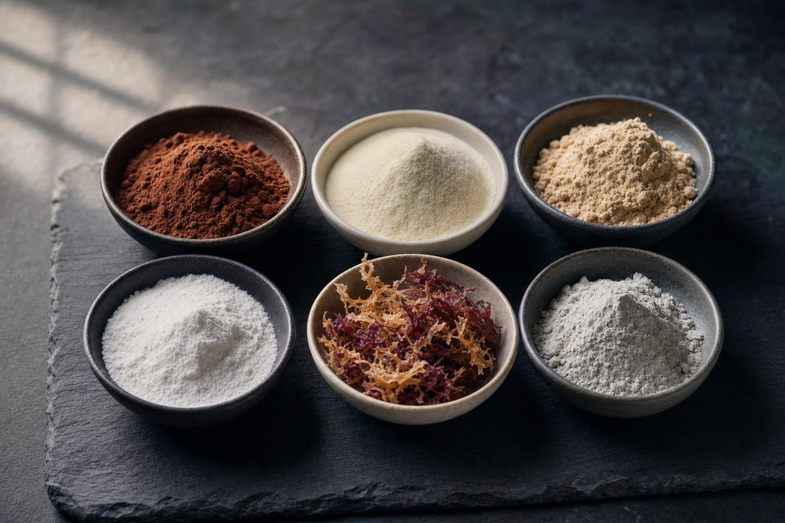 Six small ceramic bowls holding the ingredients in Zeotein Cacao: cacao powder, collagen peptides, bone broth protein, MCT powder, dried sea moss and zeolite mineral