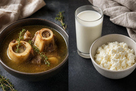 Beef bone broth with marrow bones in a dark bowl beside a glass of milk and a bowl of cheese curds, comparing bone broth protein with whey