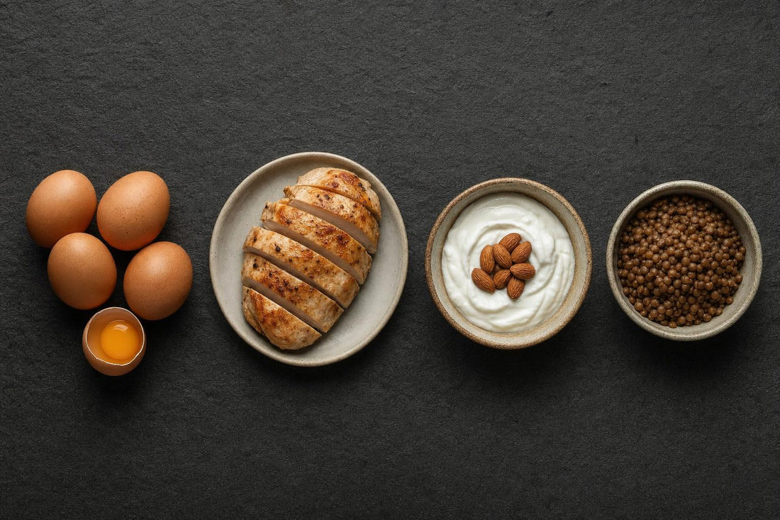 Protein sources that each provide roughly 23 grams of protein: eggs, a sliced chicken breast, Greek yogurt with almonds and a bowl of cooked lentils