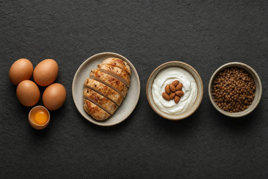 Protein sources that each provide roughly 23 grams of protein: eggs, a sliced chicken breast, Greek yogurt with almonds and a bowl of cooked lentils