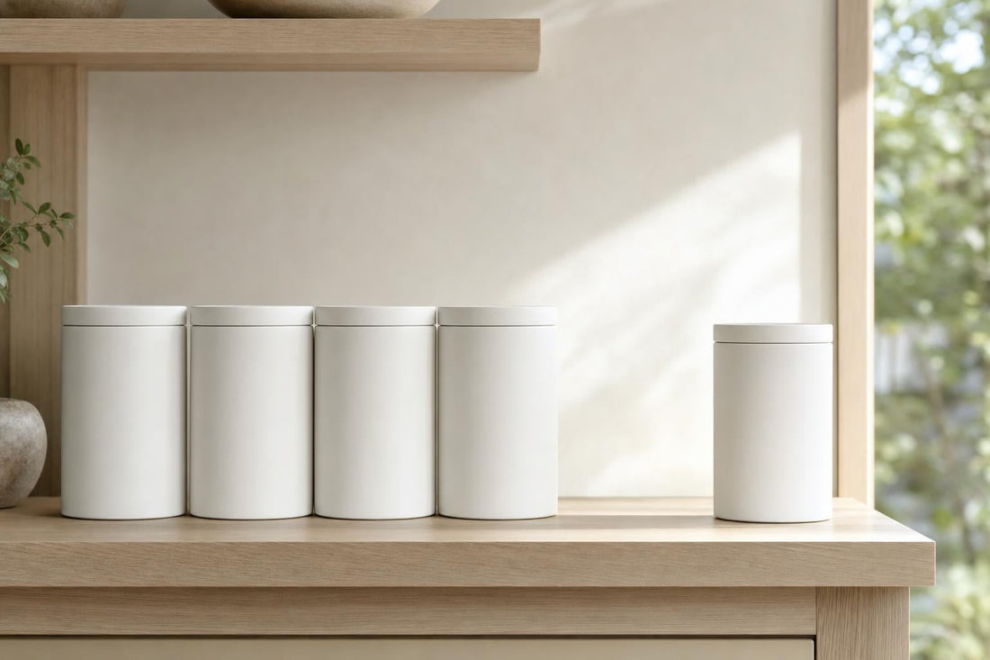 Four plain supplement containers lined up on a kitchen shelf next to a single container standing on its own