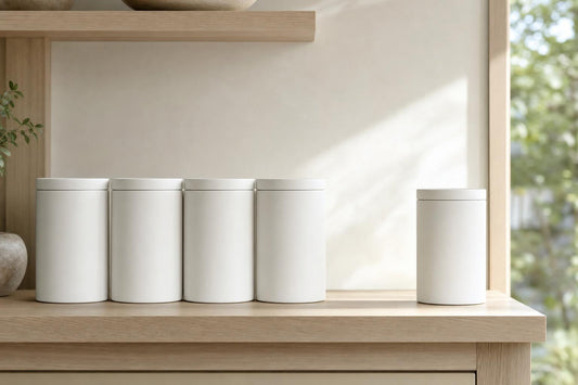 Four plain supplement containers lined up on a kitchen shelf next to a single container standing on its own