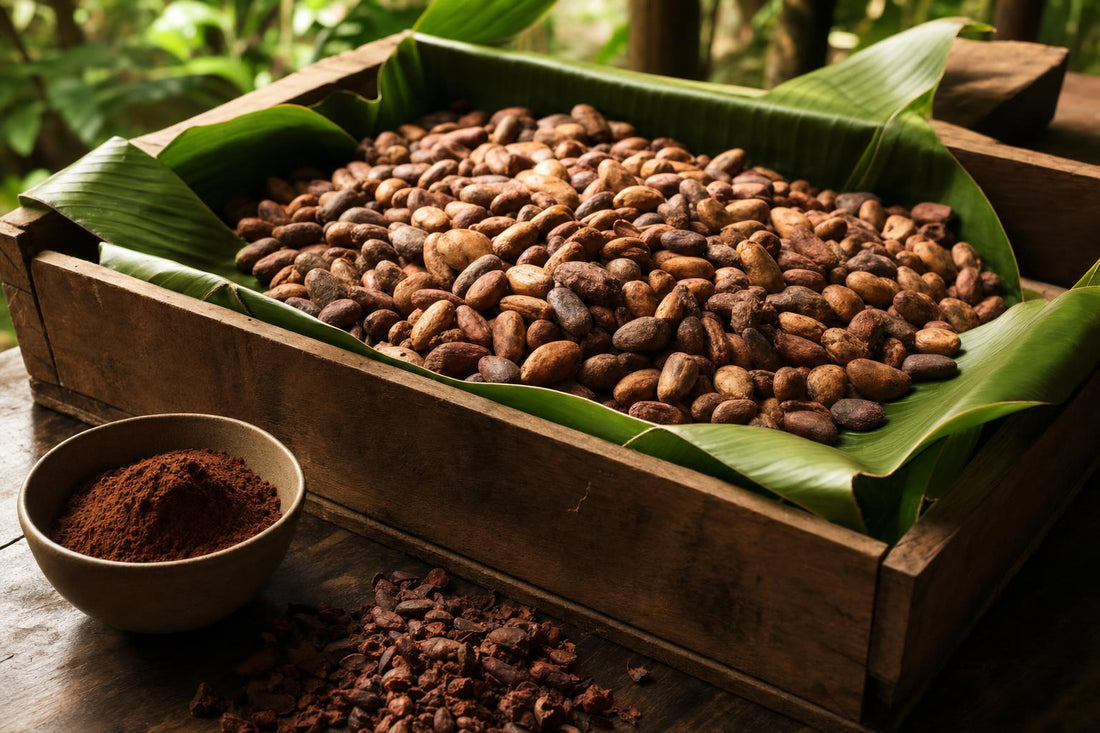 Cacao beans fermenting in a wooden crate lined with banana leaves, with cacao nibs and cacao powder in the foreground