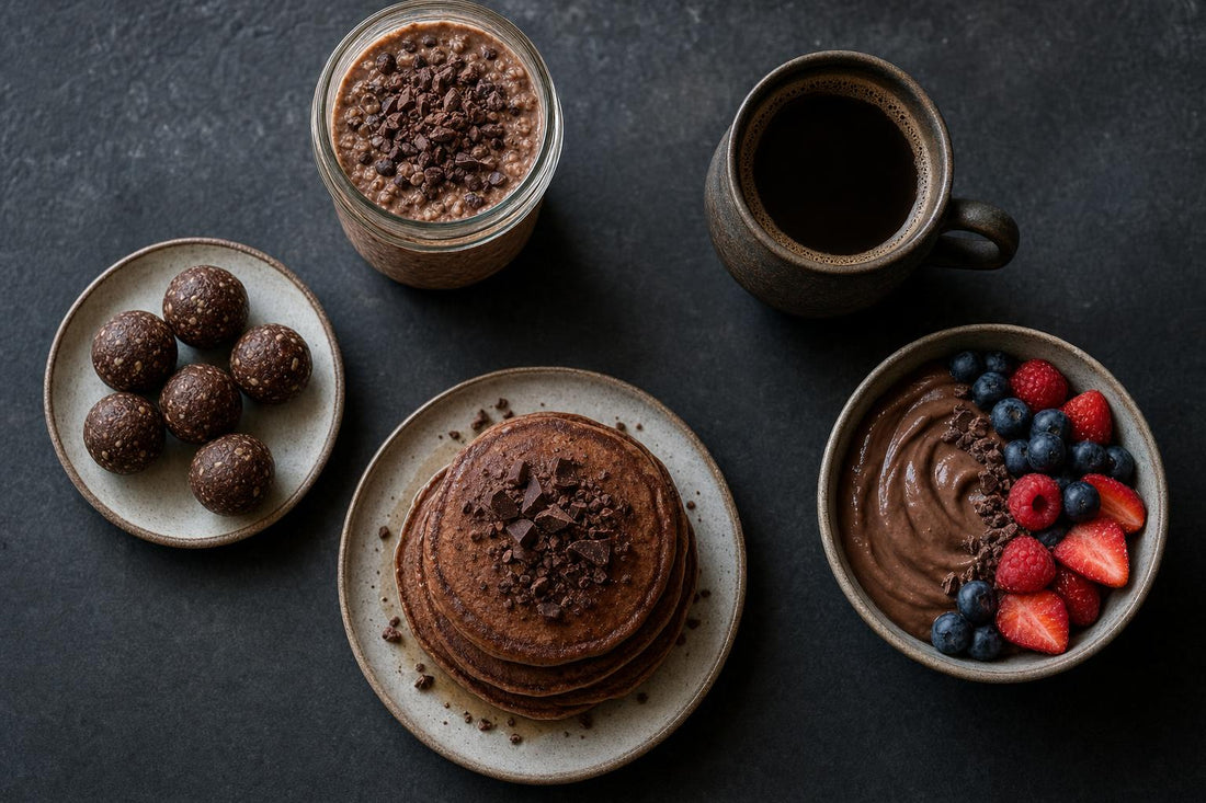 Five ways to use Zeotein other than a shake: coffee, overnight oats, protein bites, chocolate pancakes and a yogurt bowl with berries