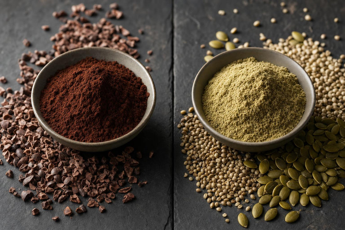 Cacao nibs and cacao powder on one side, hemp seeds and pumpkin seeds with plant protein powder on the other, comparing the Cacao and Vegan blends