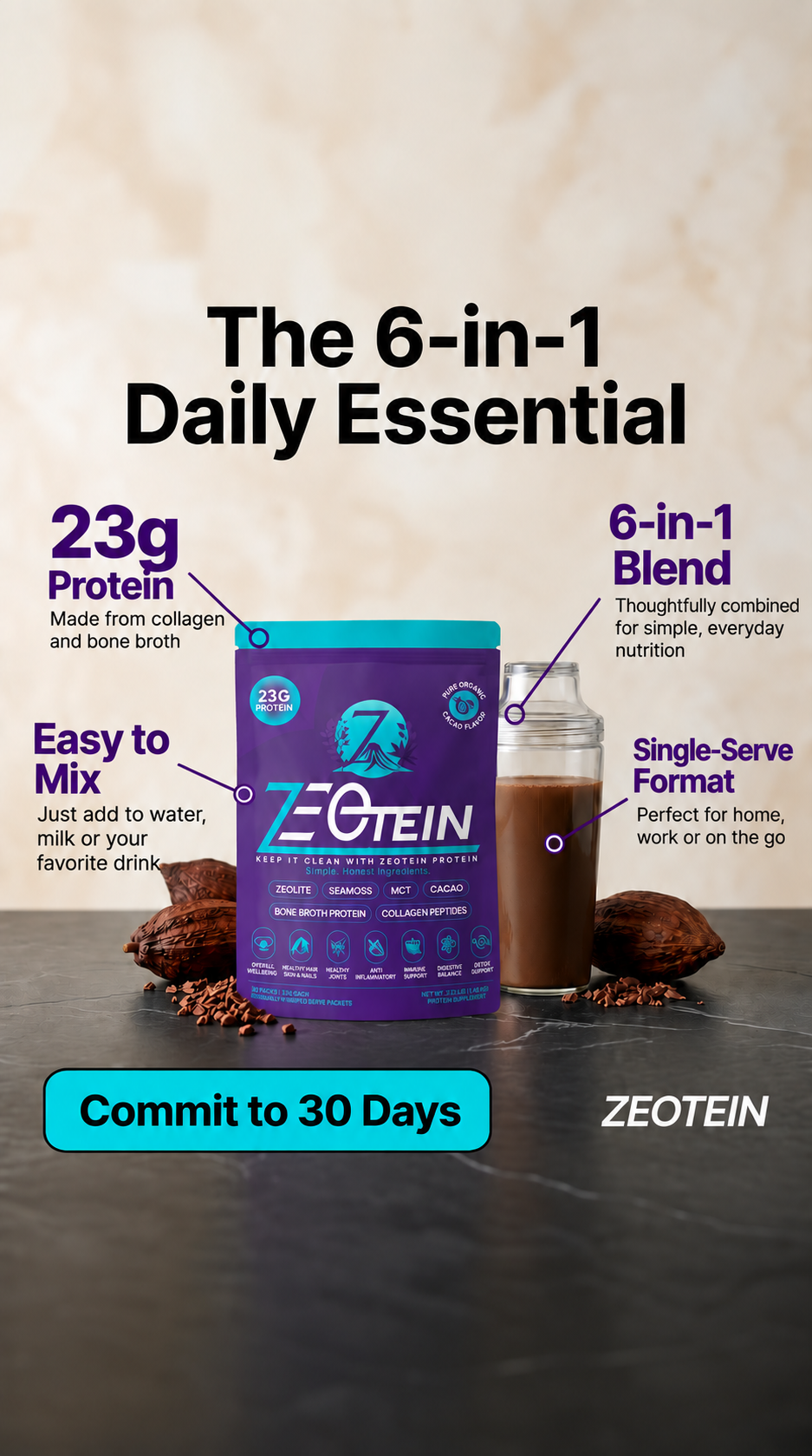 Zeotein Cacao Protein Powder - 30 Stick Packs, Collagen & Bone Broth