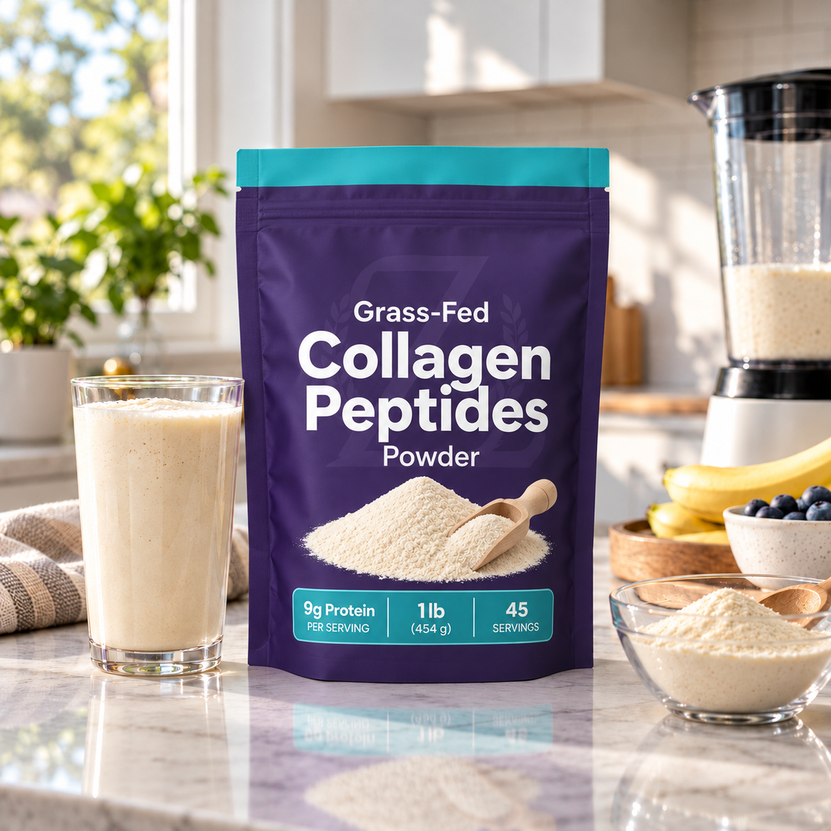 Grass-Fed Collagen Peptides Powder in a purple resealable pouch beside a collagen smoothie, powder bowl, and wooden scoop on a kitchen counter