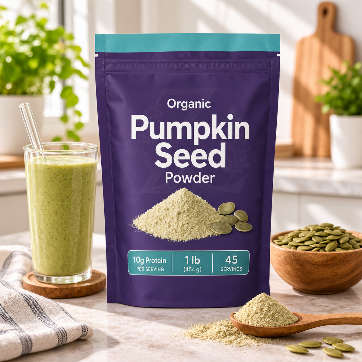 Organic pumpkin seed powder in a purple resealable pouch displayed with a smoothie, pumpkin seeds, and a scoop of powder