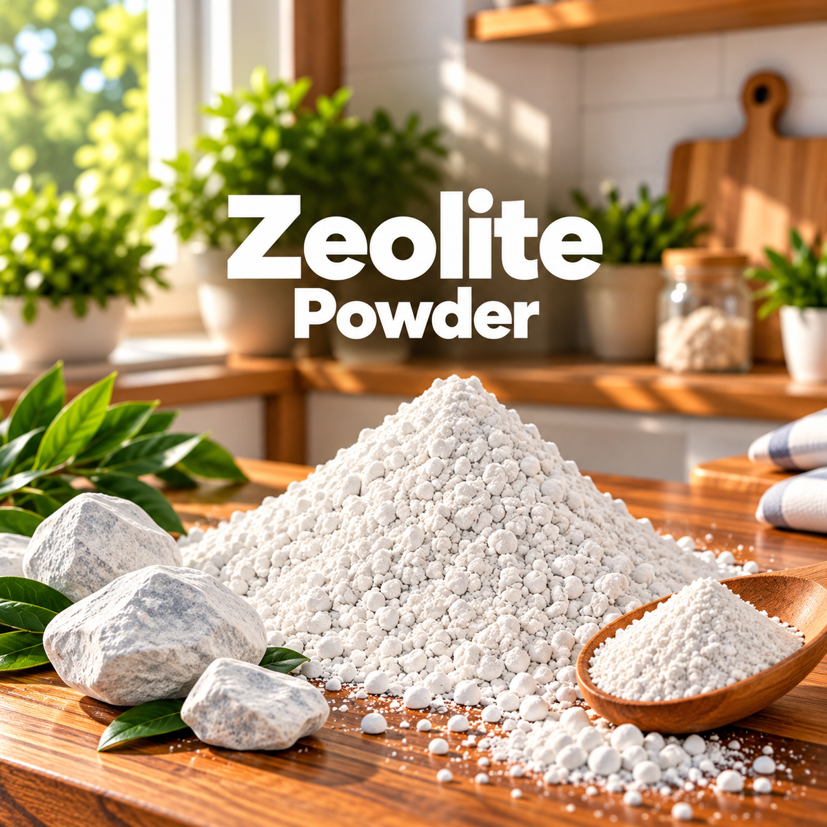 Zeolite Powder text overlay above a mound of pale grayish-white zeolite powder, zeolite stones, and a wooden scoop on a kitchen counter