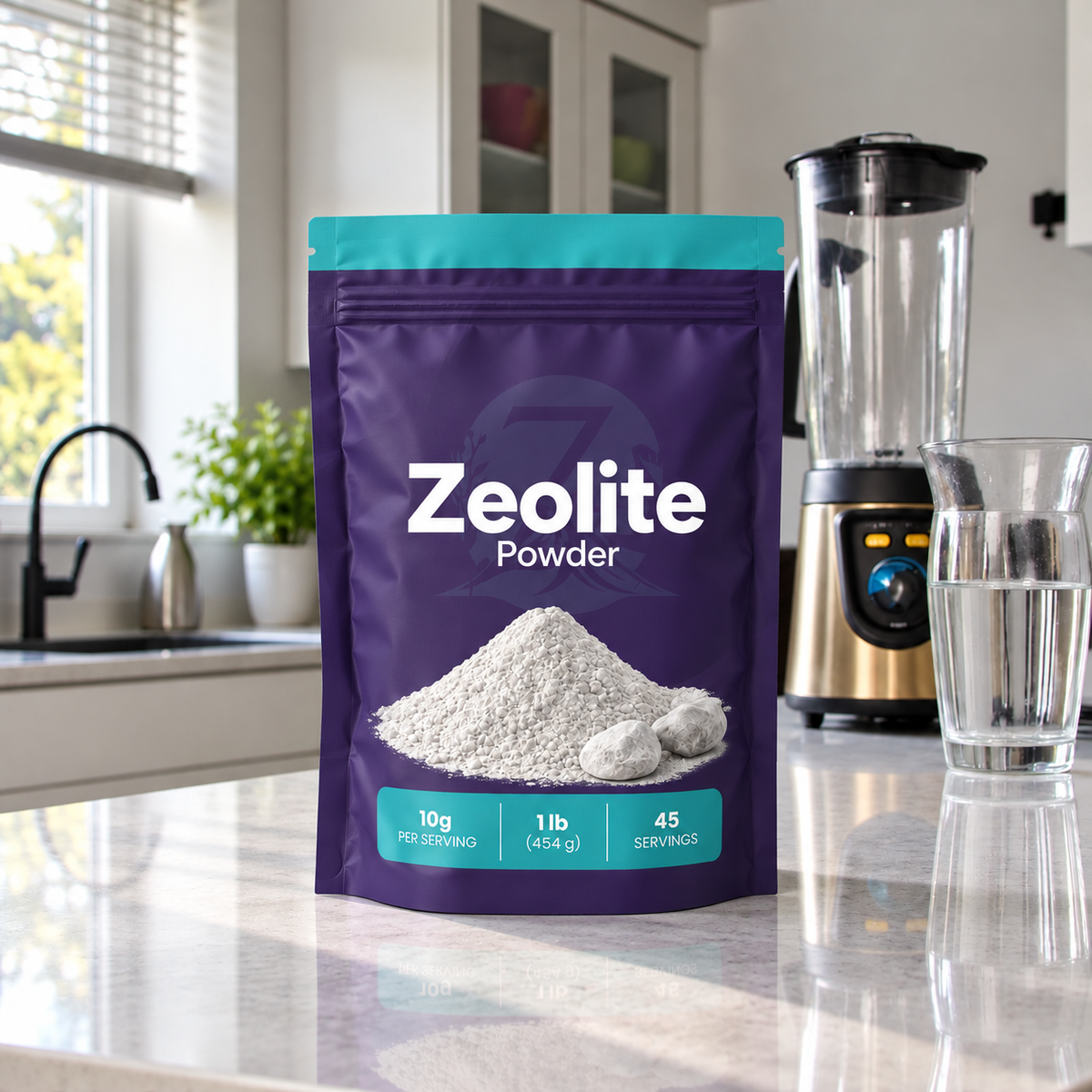 Zeolite Powder in a purple resealable pouch displayed on a kitchen countertop beside a blender and glass of water