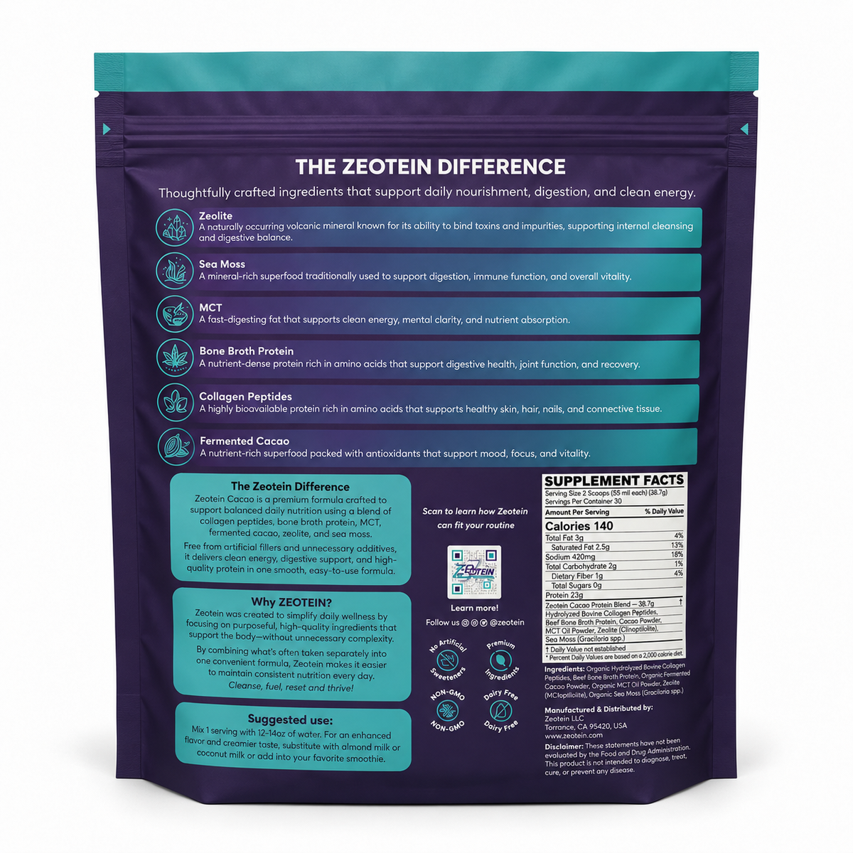 Back of the Zeotein Cacao Protein Powder showing product details and Supplement Facts