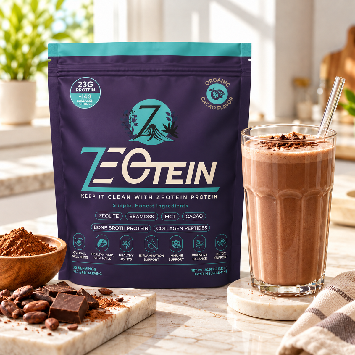 Zeotein Cacao Protein Powder beside a prepared chocolate protein drink on a bright kitchen counter
