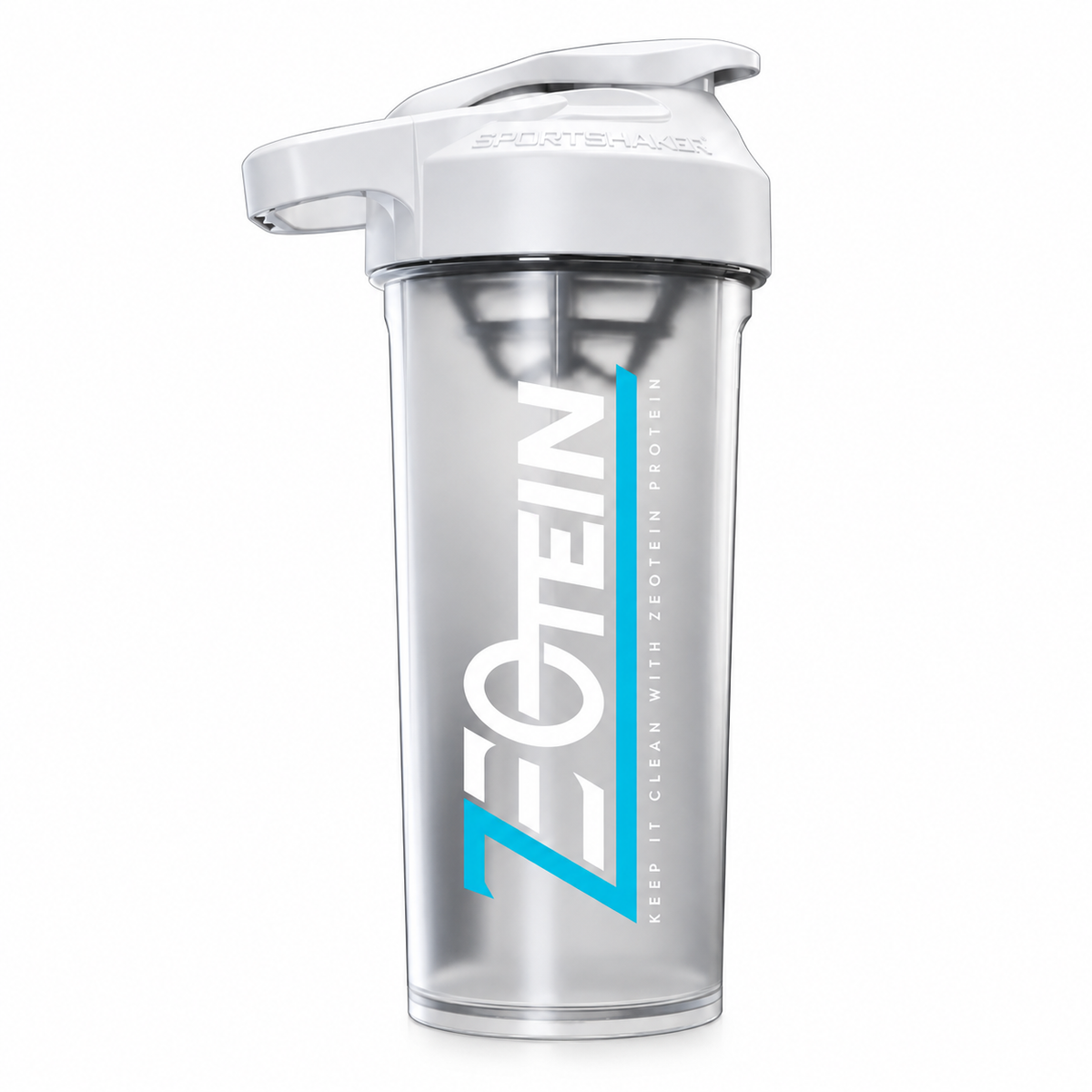 Zeotein CleanBlend 27 oz white shaker bottle on white background