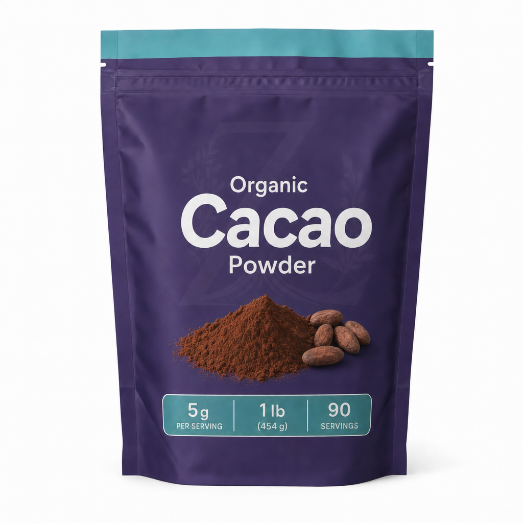 Zeotein Organic Cacao Powder 1 lb purple pouch on a white background