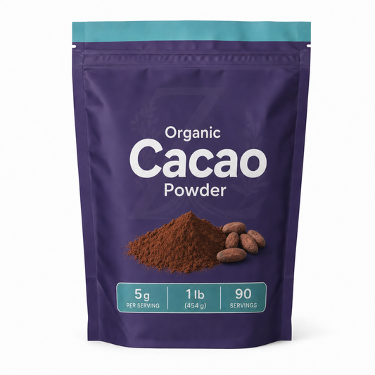 Zeotein Organic Cacao Powder 1 lb purple pouch on a white background