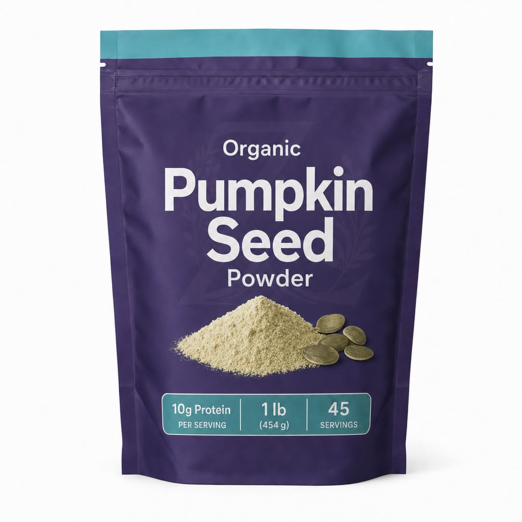 Zeotein Organic Pumpkin Seed Powder 1 lb purple pouch on a white background