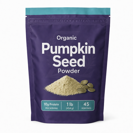 Zeotein Organic Pumpkin Seed Powder 1 lb purple pouch on a white background
