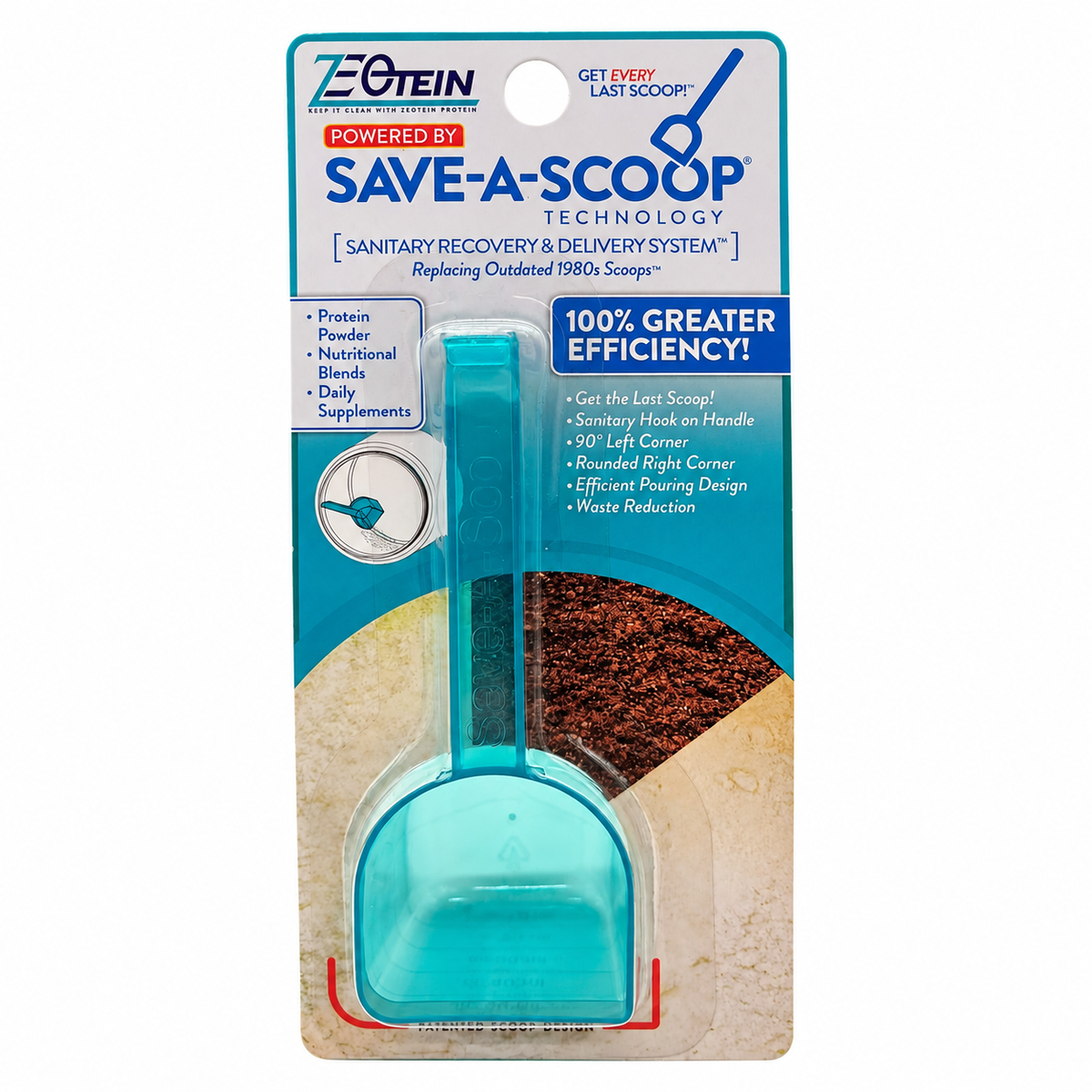 Zeotein Save-A-Scoop protein powder scoop on white background
