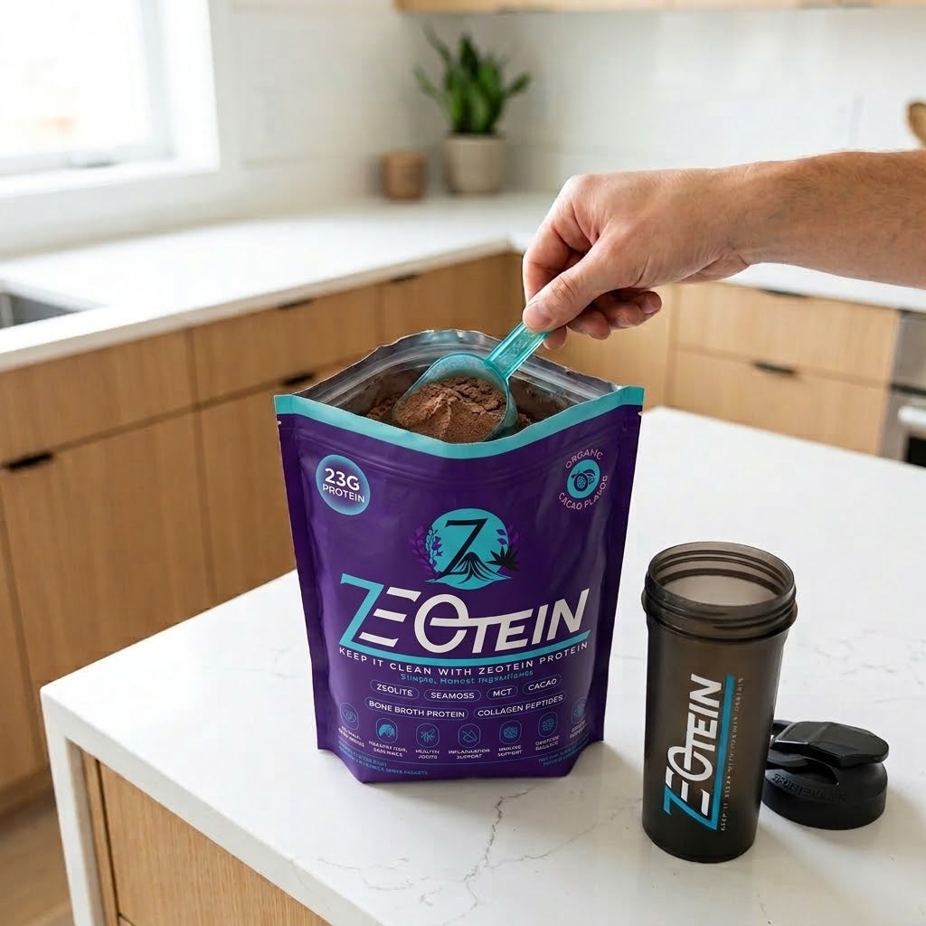Scooping Zeotein protein powder with the Save-A-Scoop beside a Zeotein shaker bottle