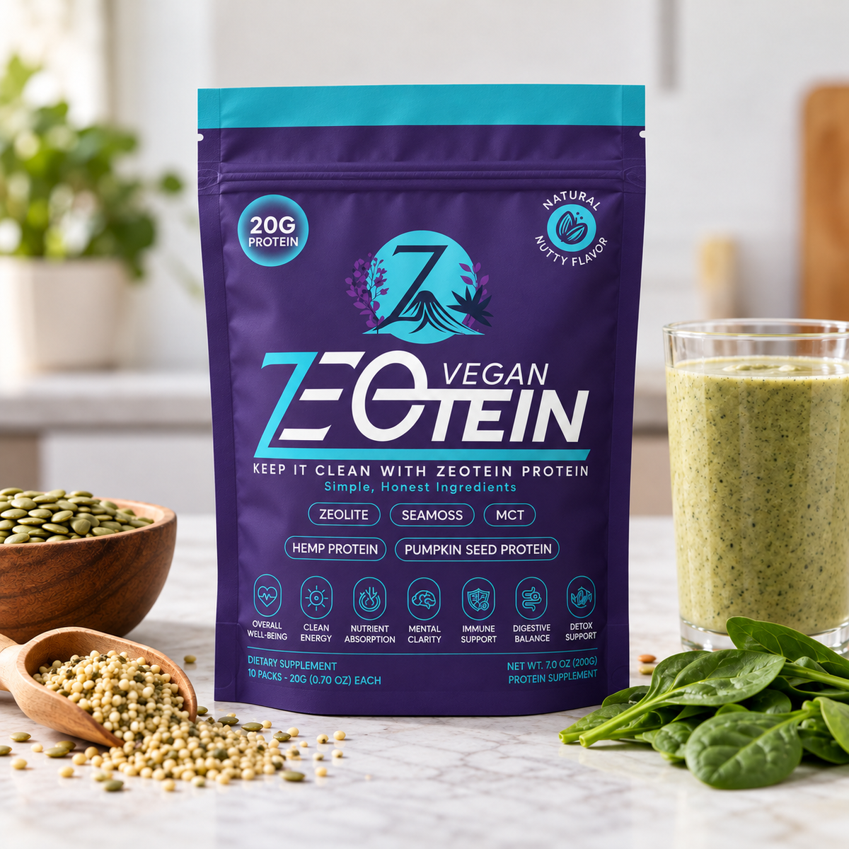 Zeotein Vegan Protein Powder beside a smoothie