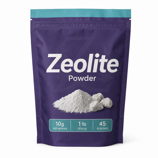 Zeotein Zeolite Powder 1 lb purple pouch on a white background